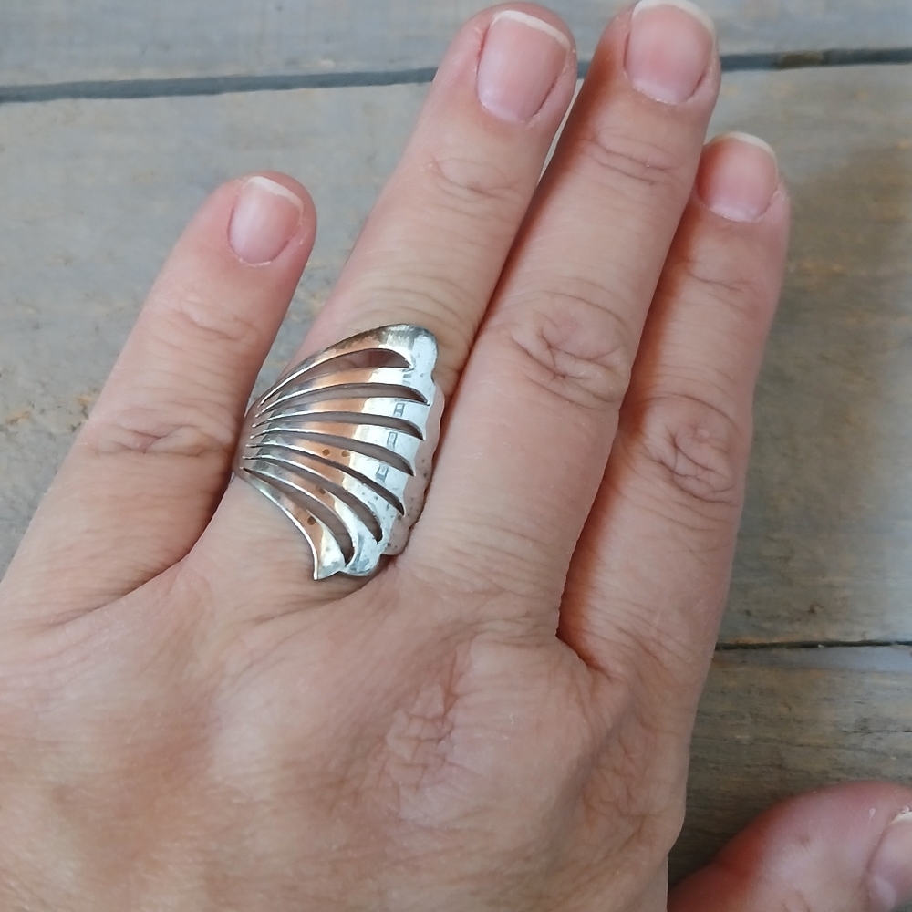 Sterling Silver Feather Wing Fan Ring Statement Ring Size 11 - Picture 13 of 16